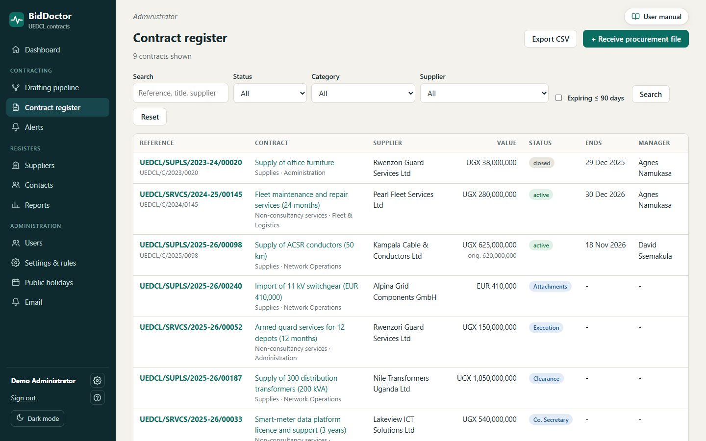 Contract register with search and filters