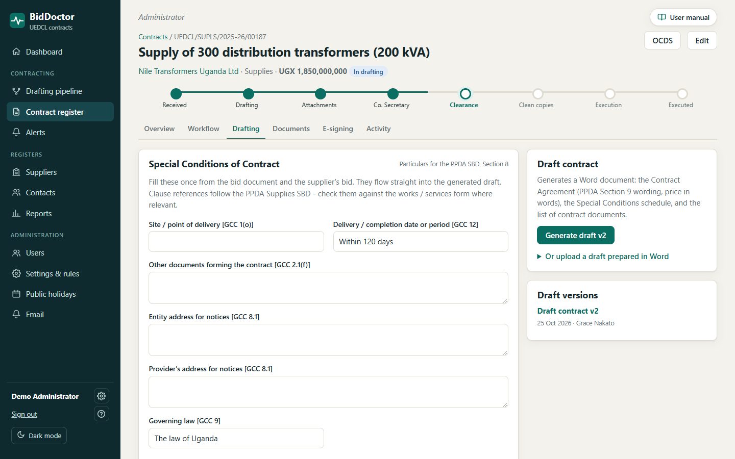 Special Conditions form with PPDA clause references and the Generate draft button