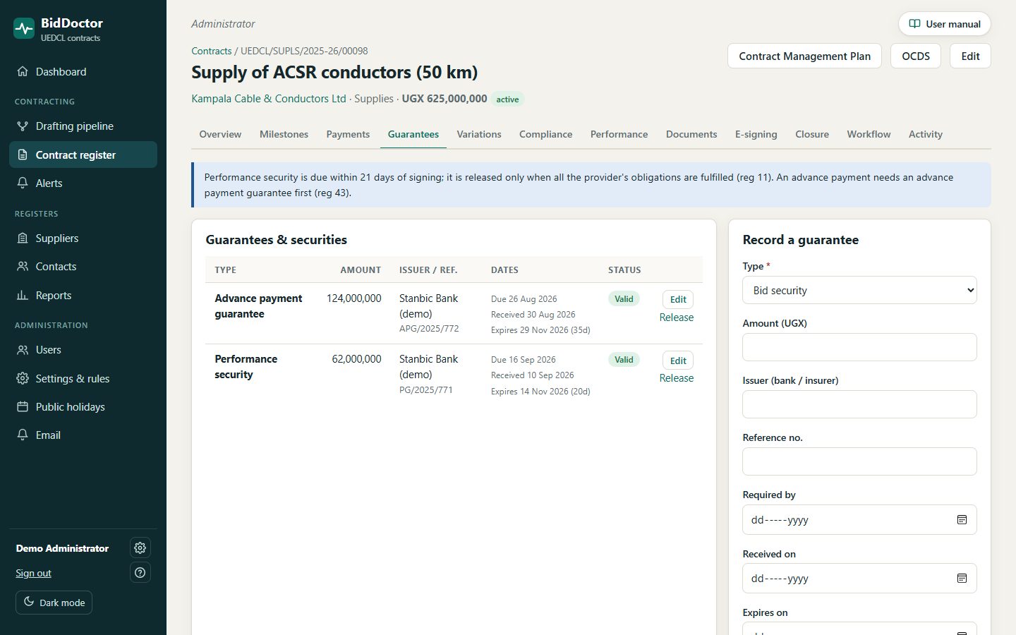 Guarantees tab listing performance security and advance payment guarantee