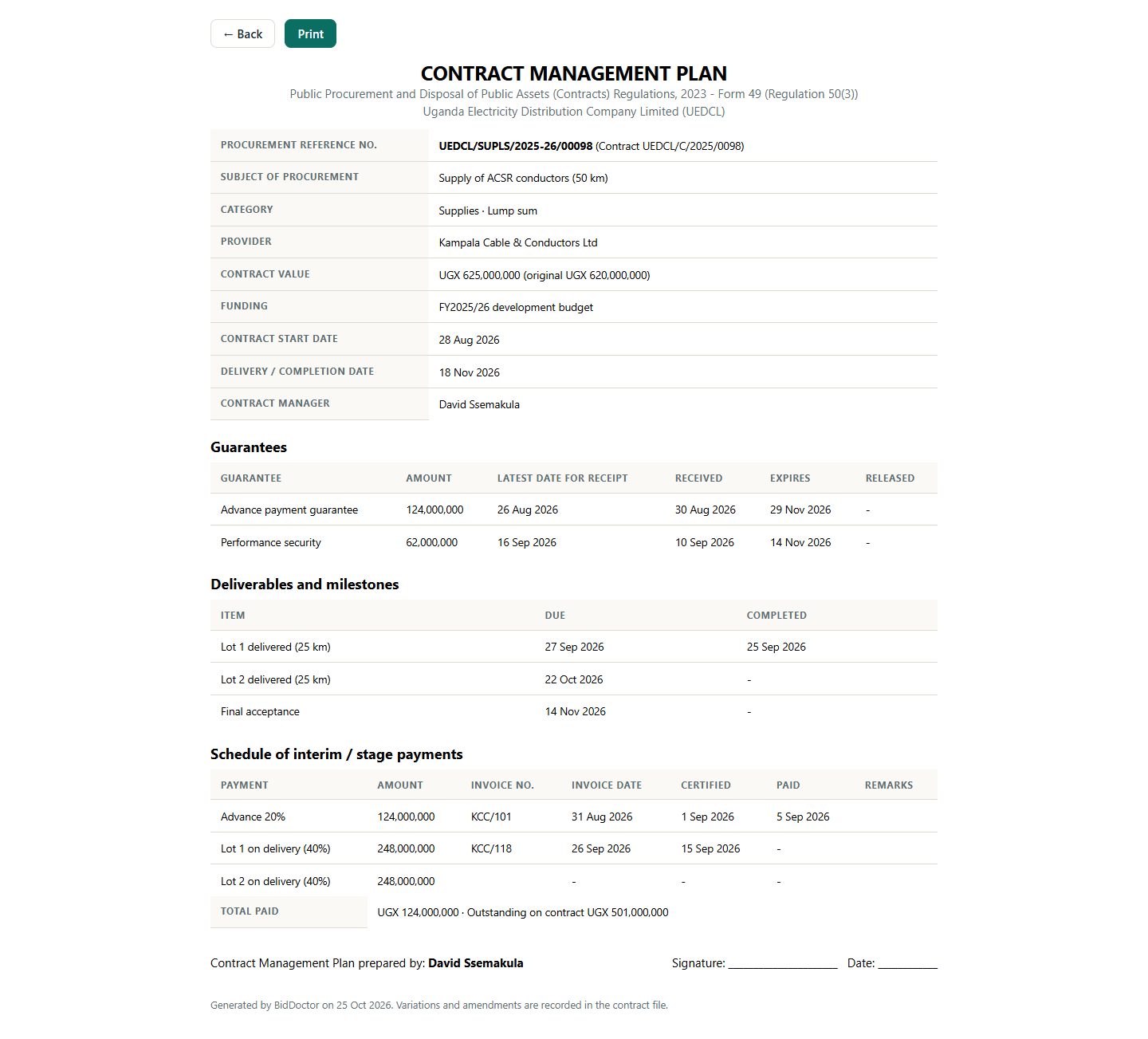 Printable Contract Management Plan in Form 49 layout