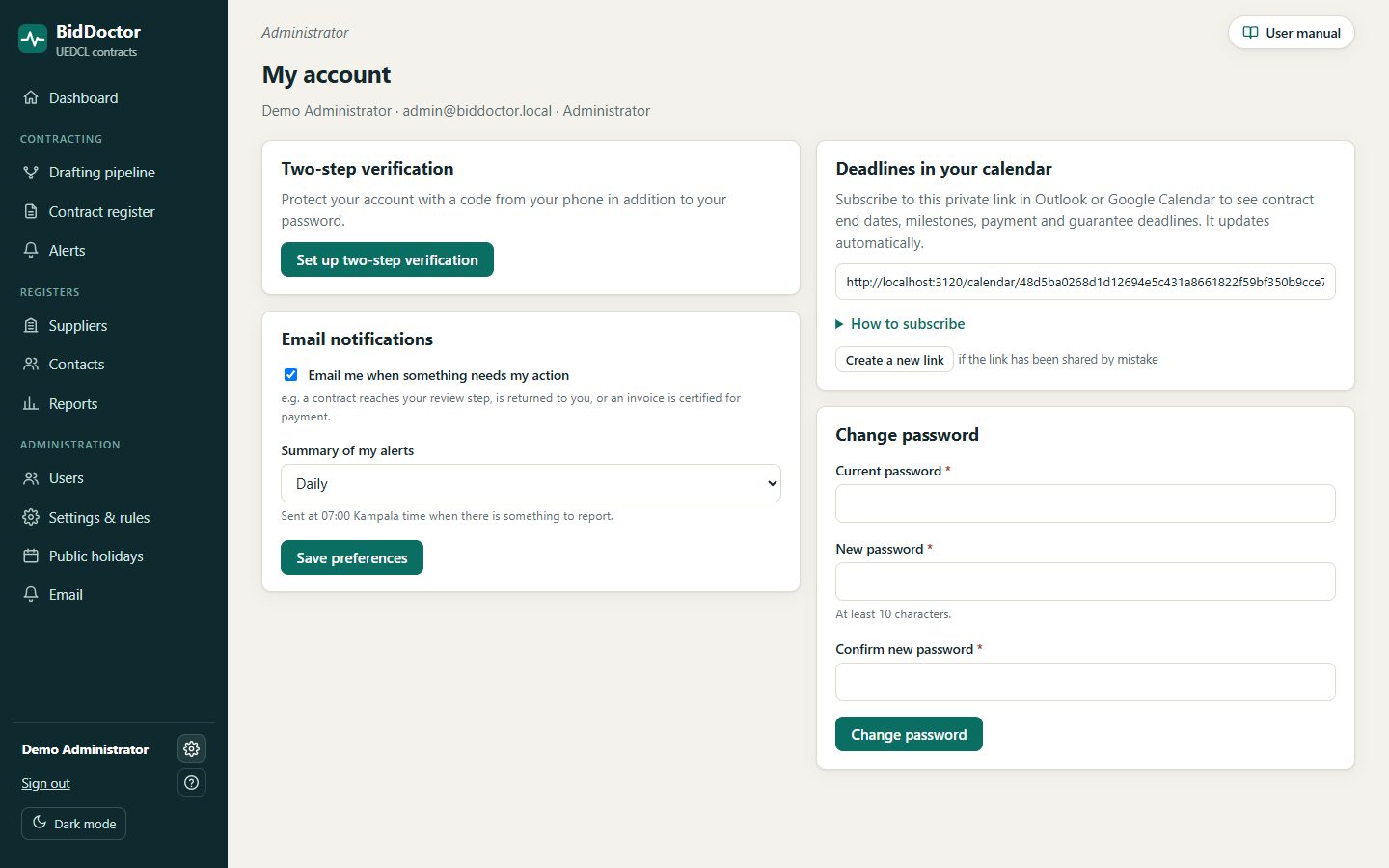 My account page with two-step verification, notifications and calendar link