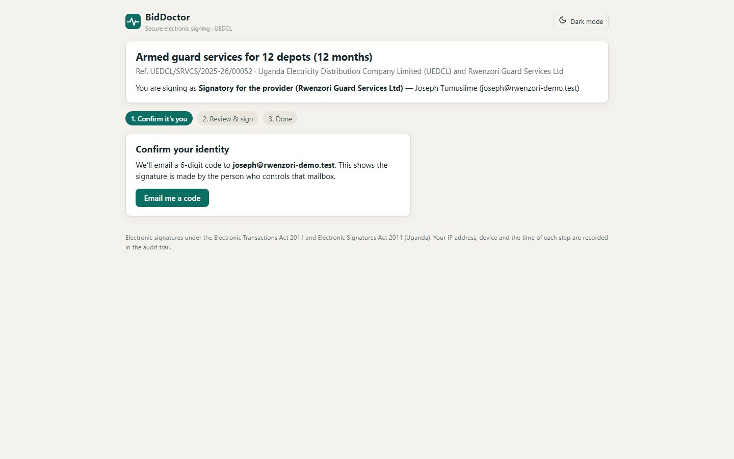 Signer identity check with an emailed one-time code