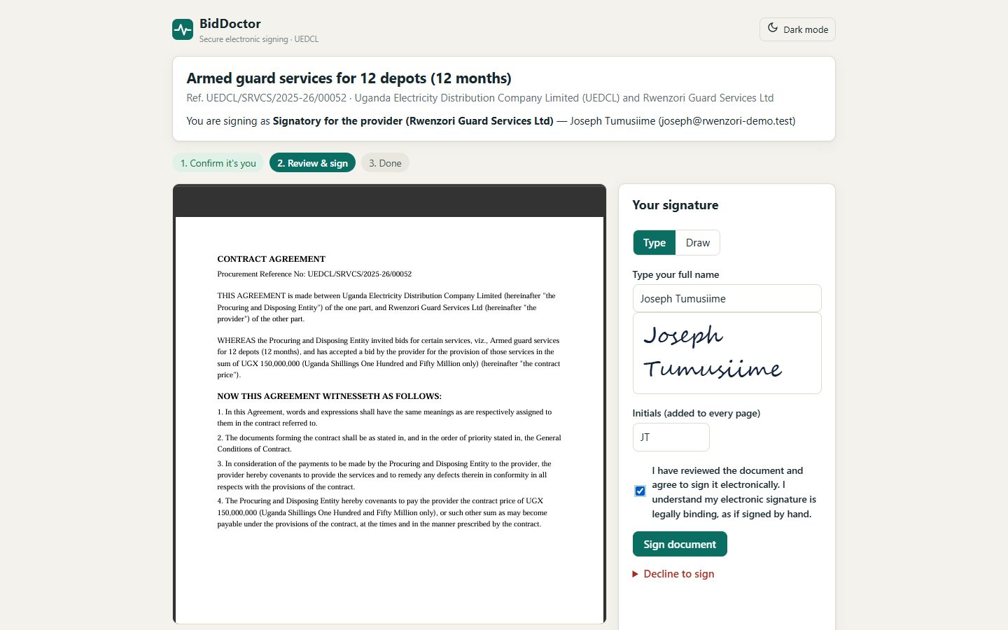 Signing page with the contract PDF and a typed signature