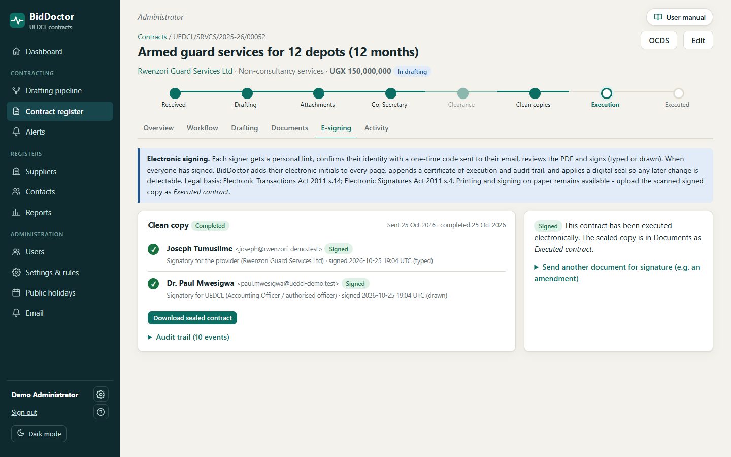 E-signing tab showing both parties signed and the sealed contract