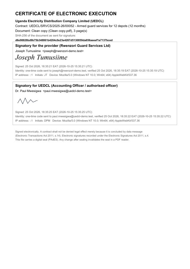 Certificate of electronic execution page