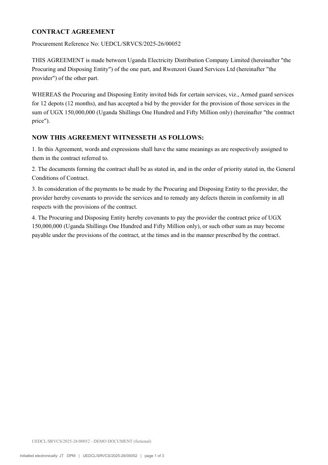 Contract page with electronic initials in the footer