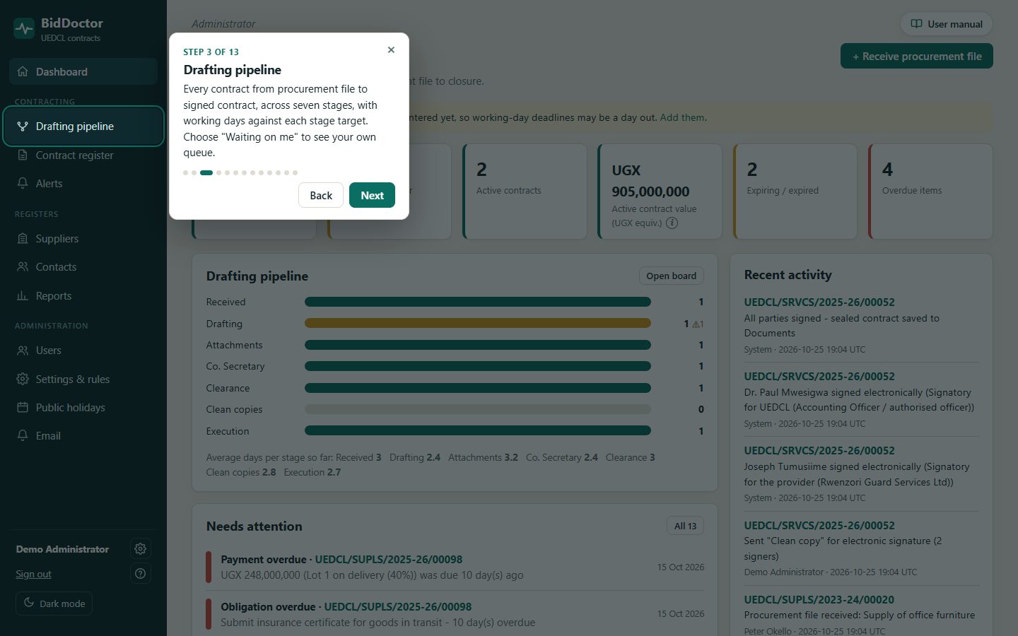 The guided tour highlighting the Drafting pipeline in the side menu